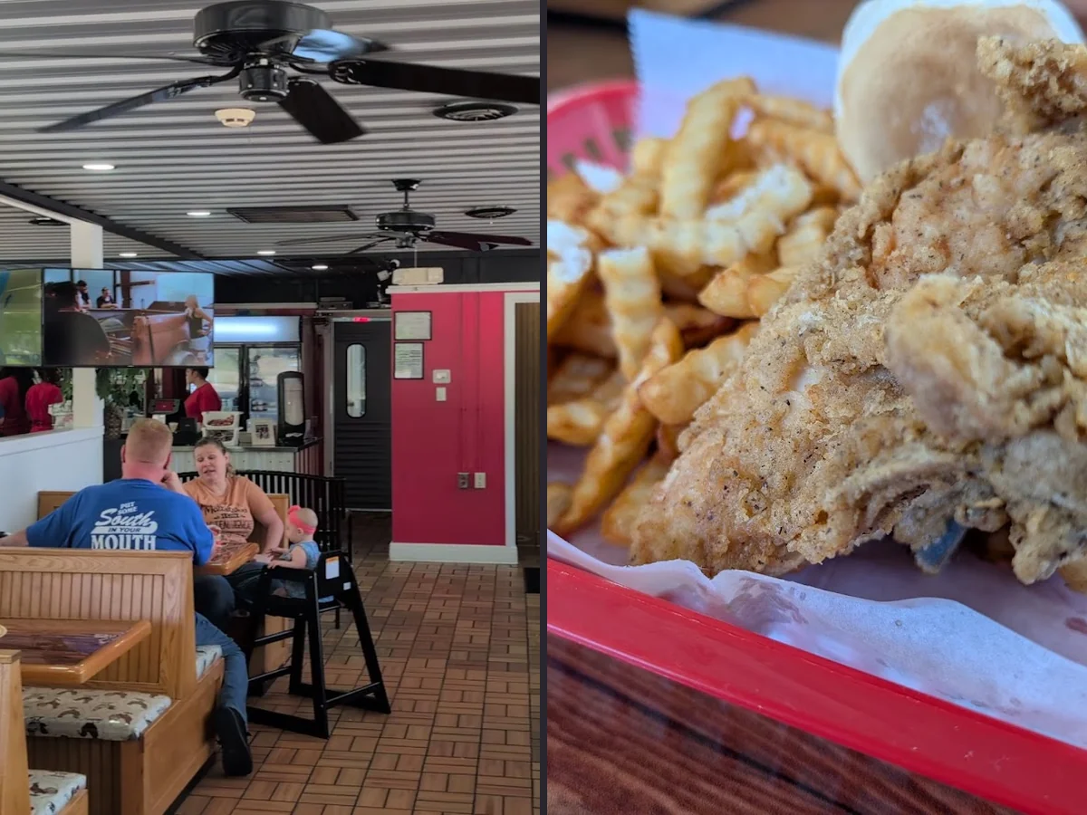Fried chicken plates on a restaurant table.