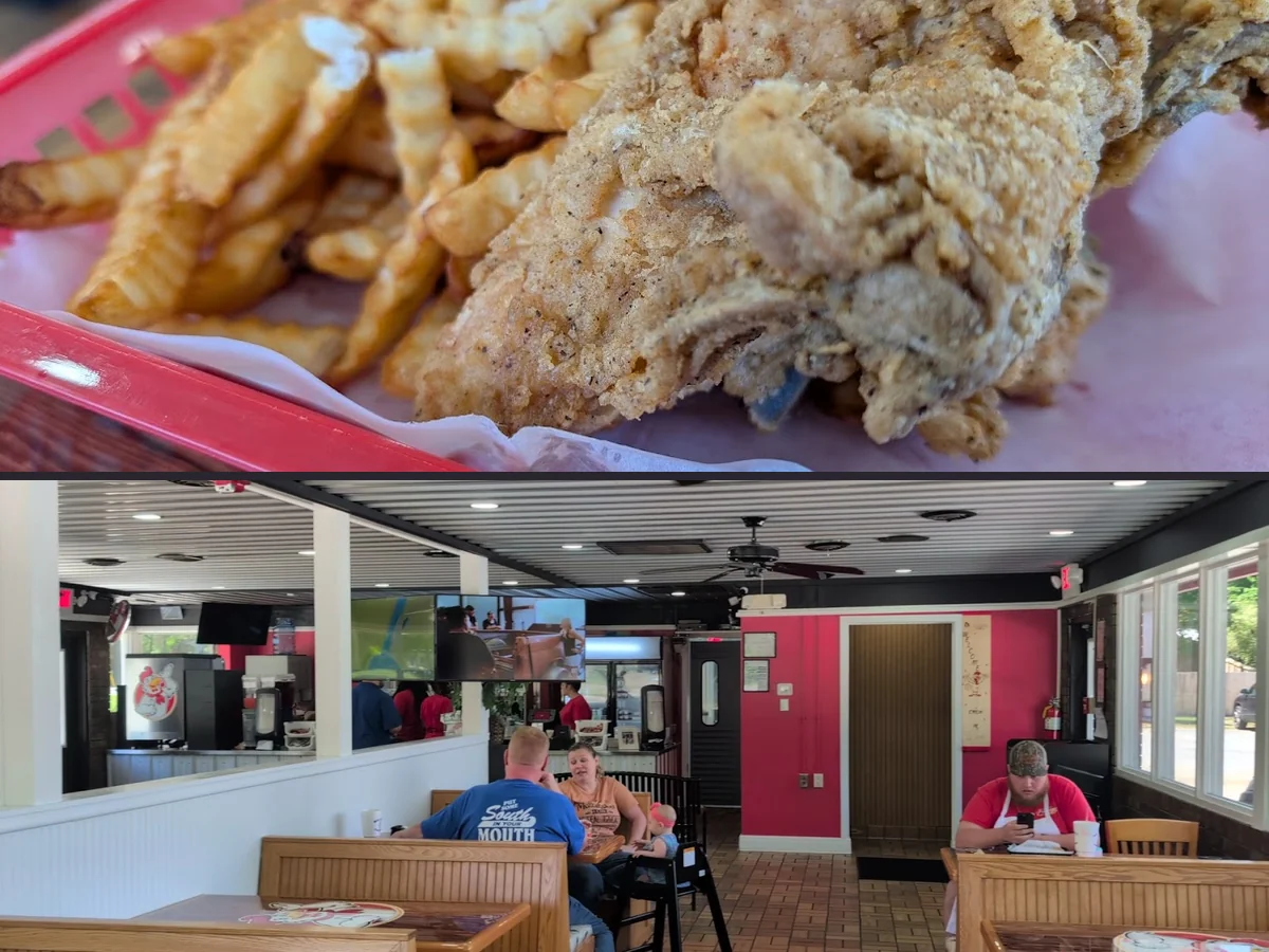 Golden chicken beside crinkle fries and slaw.